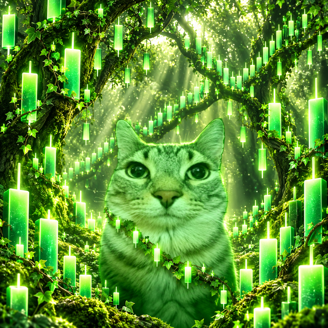 Green tabby cat in a magical forest of bullish green chart candles